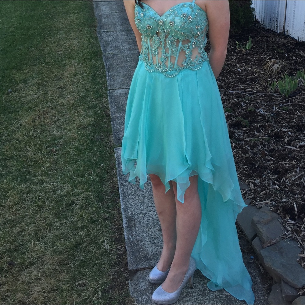 Light blue, beautiful high low prom dress